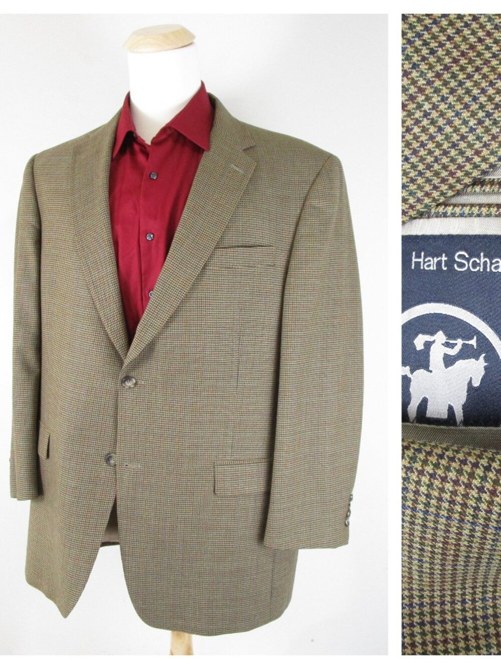 Hart Schaffner Marx Tan Blue Red Houndstooth Wool Sport Coat Jacket Size 46L